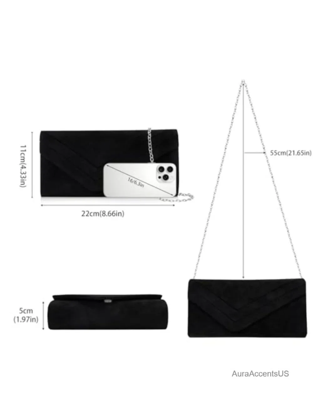 Suede Envelope Clutch Purse with Chain Strap for Weddings and Evening Events